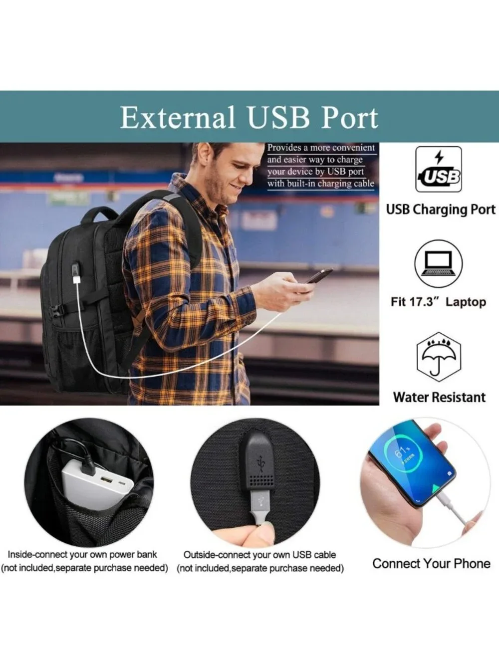 Water Resistant Extra Large 50L Travel Laptop Backpack with USB Port